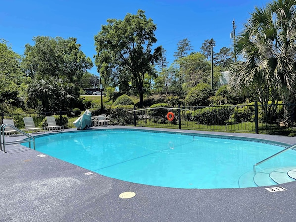 Outdoor pool, pool umbrellas, pool loungers