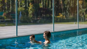 Indoor pool, outdoor pool, sun loungers
