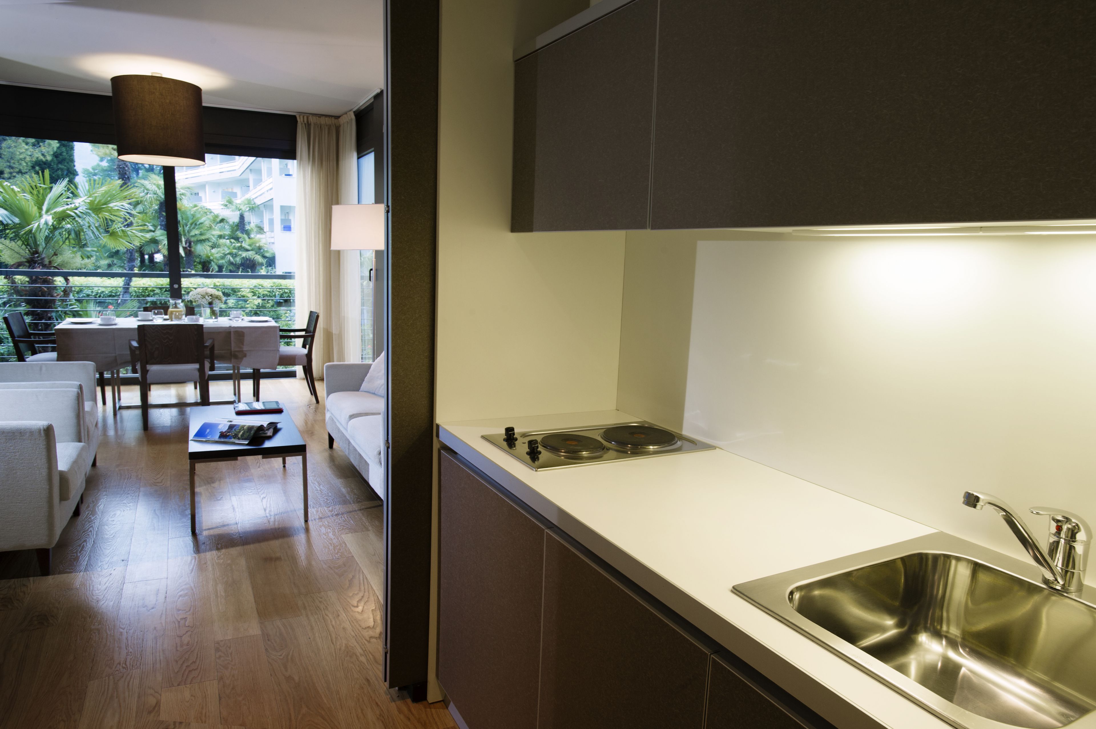 A modern kitchen with a stainless steel sink, a dining area with a table and chairs, and a view of greenery outside.