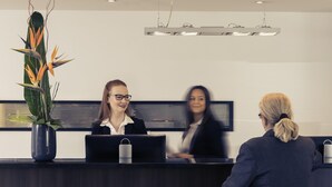 Un comptoir d’accueil agrémenté d’une plante en pot et surmonté d’un luminaire moderne.
