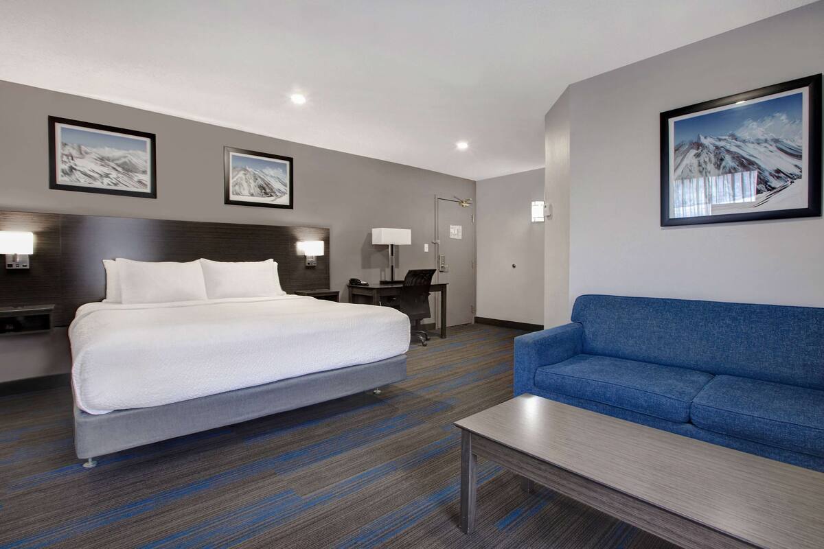 A hotel room with a bed, a blue sofa, a desk, and a lamp.