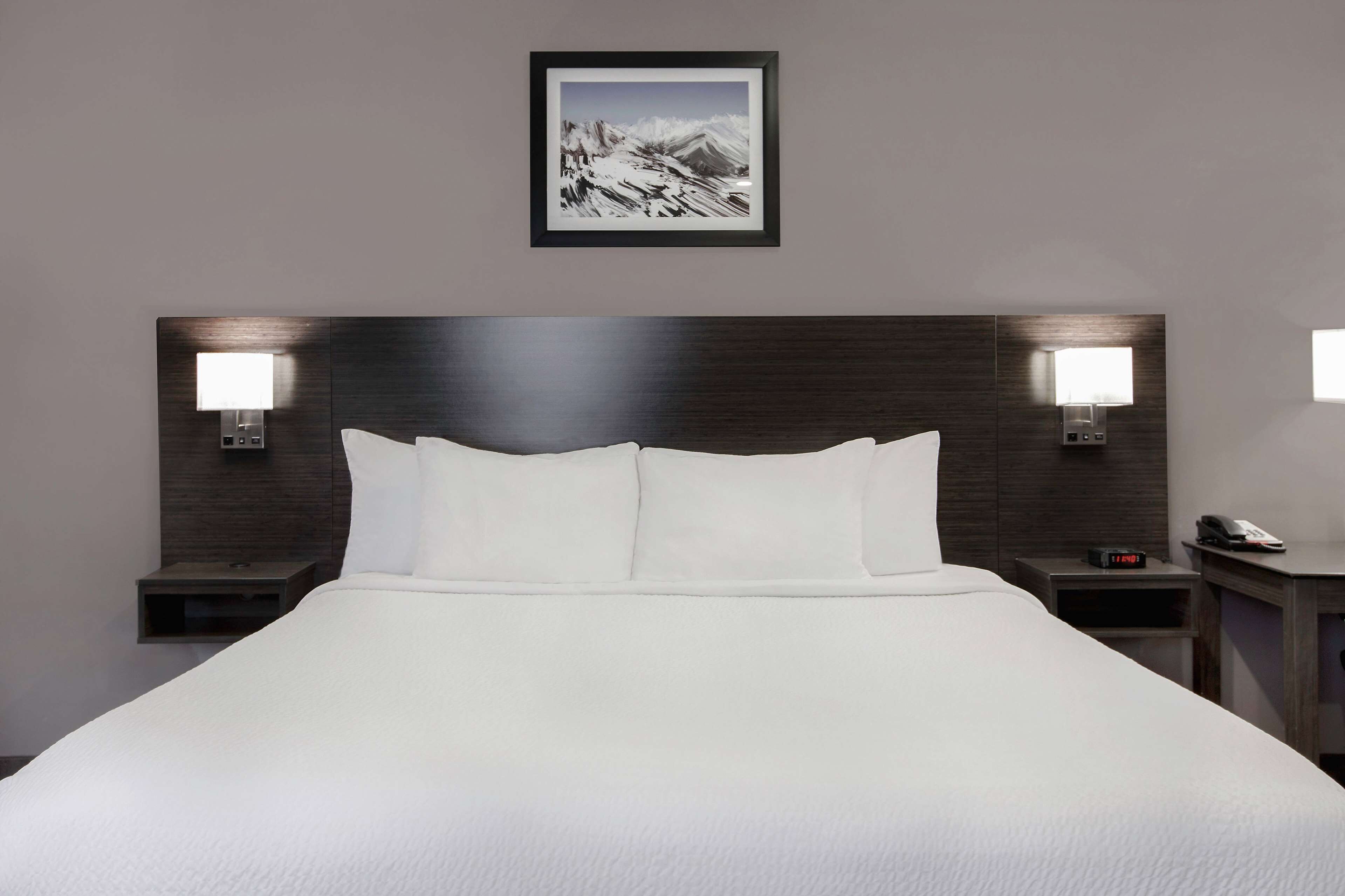 A hotel room with a large bed, two bedside tables, a wall-mounted lamp, and a framed picture above the bed.