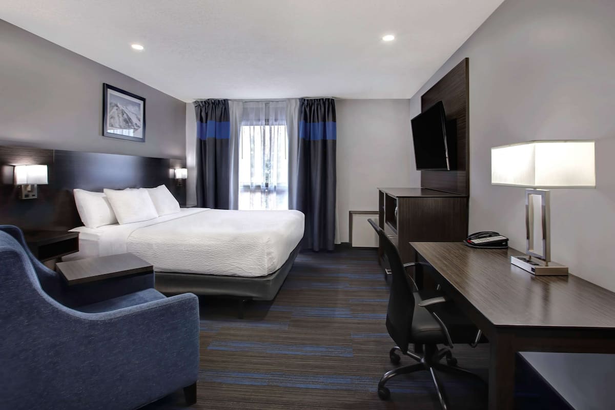 A hotel room with a bed, a desk, a chair, a TV, and a lamp.
