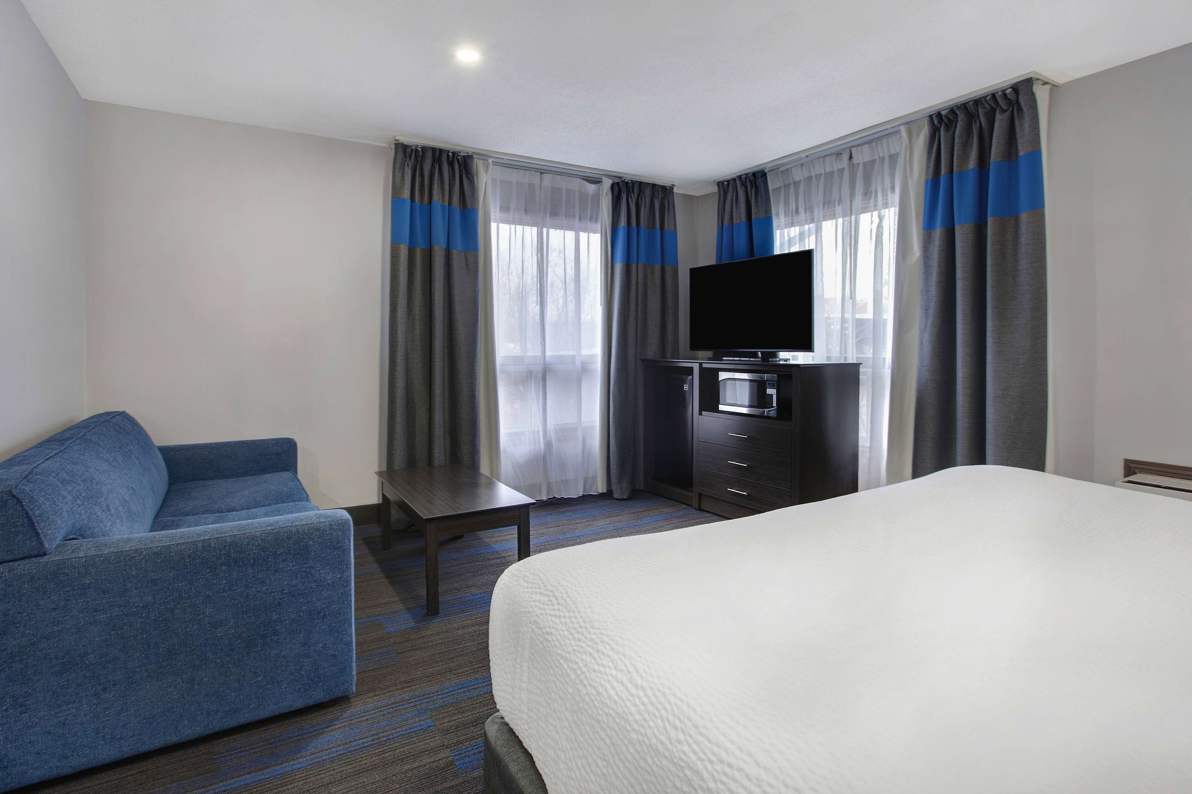 A hotel room with a bed, a sofa, a TV, and a desk.