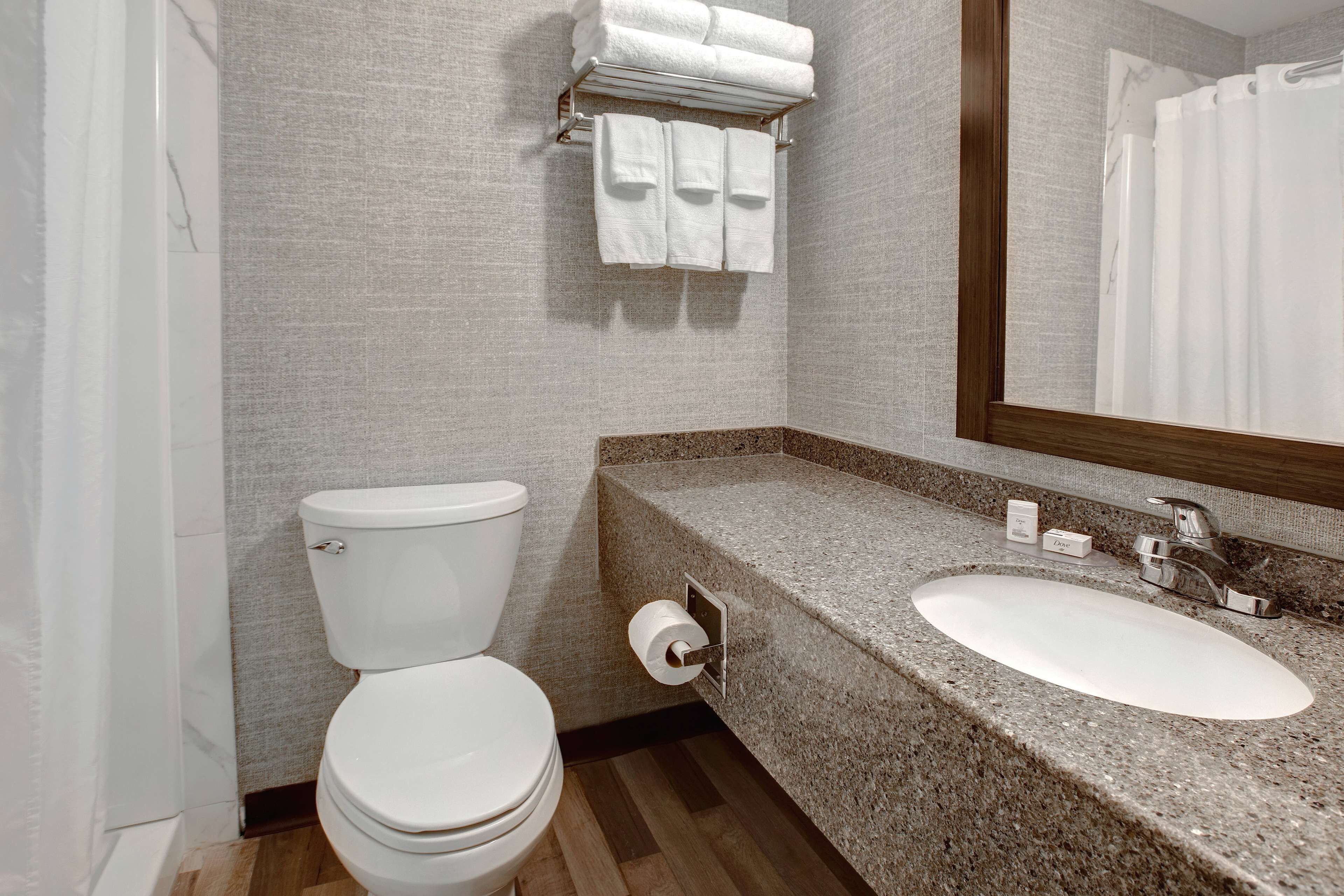 A bathroom with a toilet, sink, and towel rack.