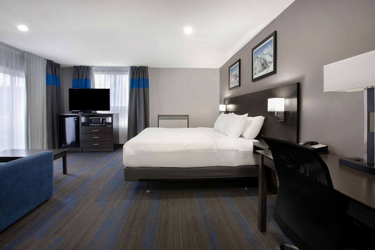 A hotel room with a bed, a desk, a chair, a television, and a desk lamp.