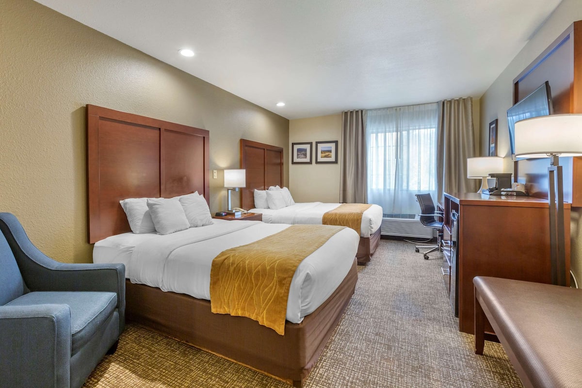 A hotel room with two beds, a desk, a chair, a TV, and a lamp.