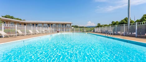 Seasonal outdoor pool, pool umbrellas, pool loungers