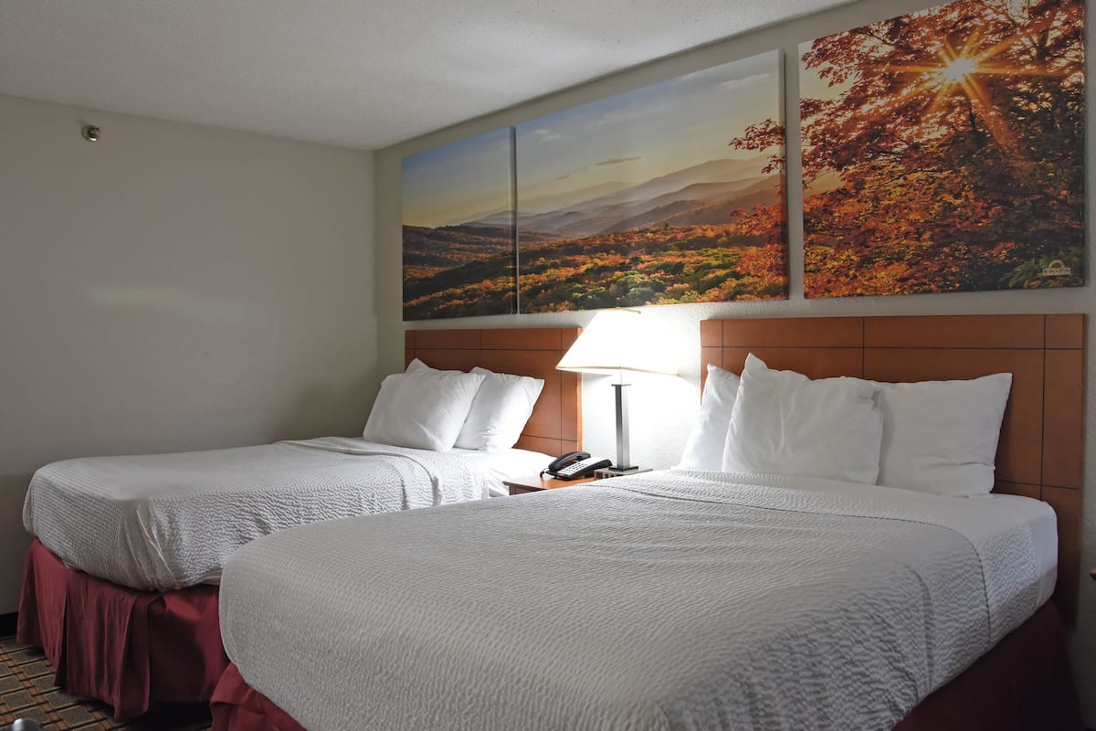 A hotel room with two beds, a nightstand with a lamp, and a wall-mounted phone.