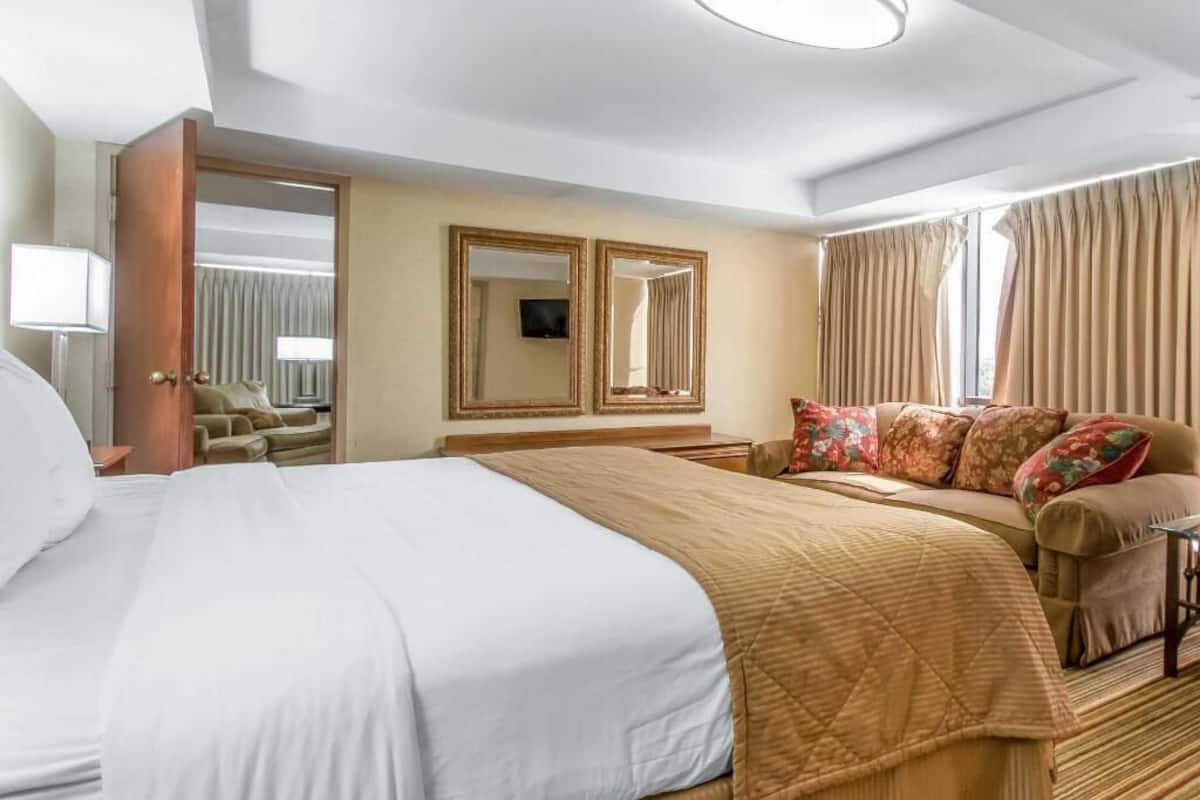 Una habitación de hotel con una cama grande, un sofá, un escritorio y un espejo.