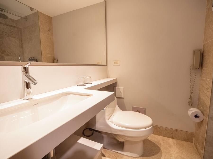 A bathroom with a white sink, a toilet, and a shower area.
