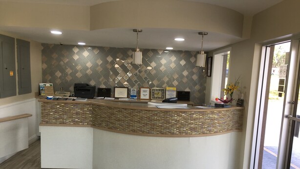 A reception area with a curved counter, a patterned wall, and a wooden floor.