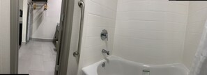 Bathtub, free toiletries, hair dryer, towels