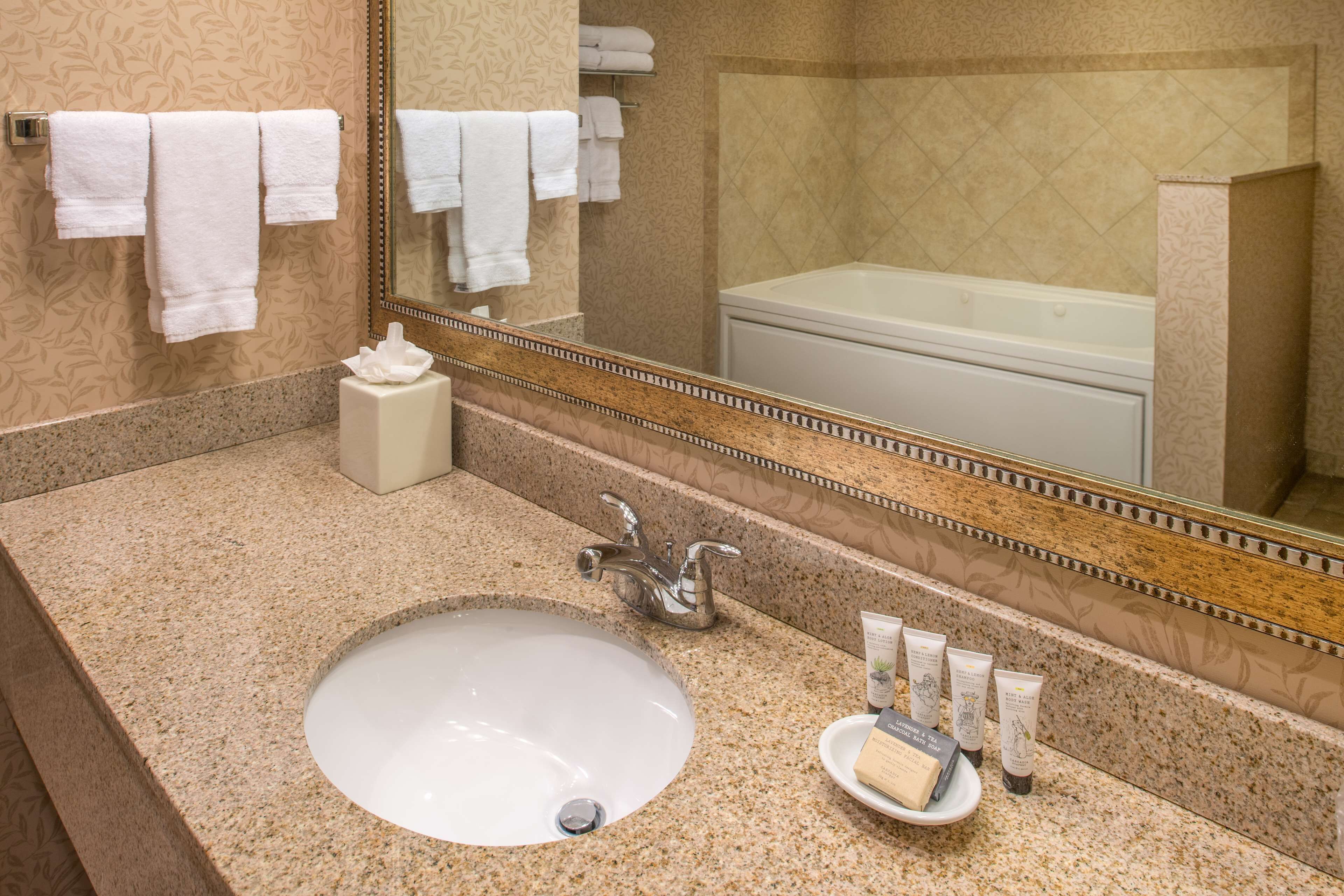 Une salle de bain avec un comptoir en granit, un lavabo blanc, un miroir et une baignoire.