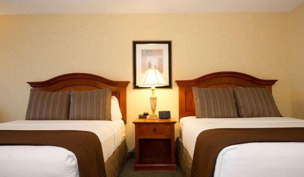 Premium bedding, desk, laptop workspace, iron/ironing board