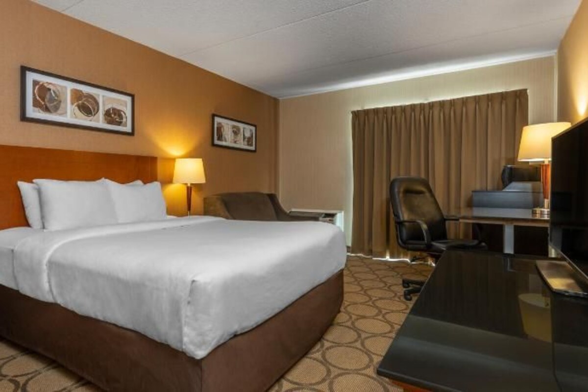 Quarto de hotel com uma cama grande, uma escrivaninha, uma cadeira, uma televisão e duas molduras na parede.