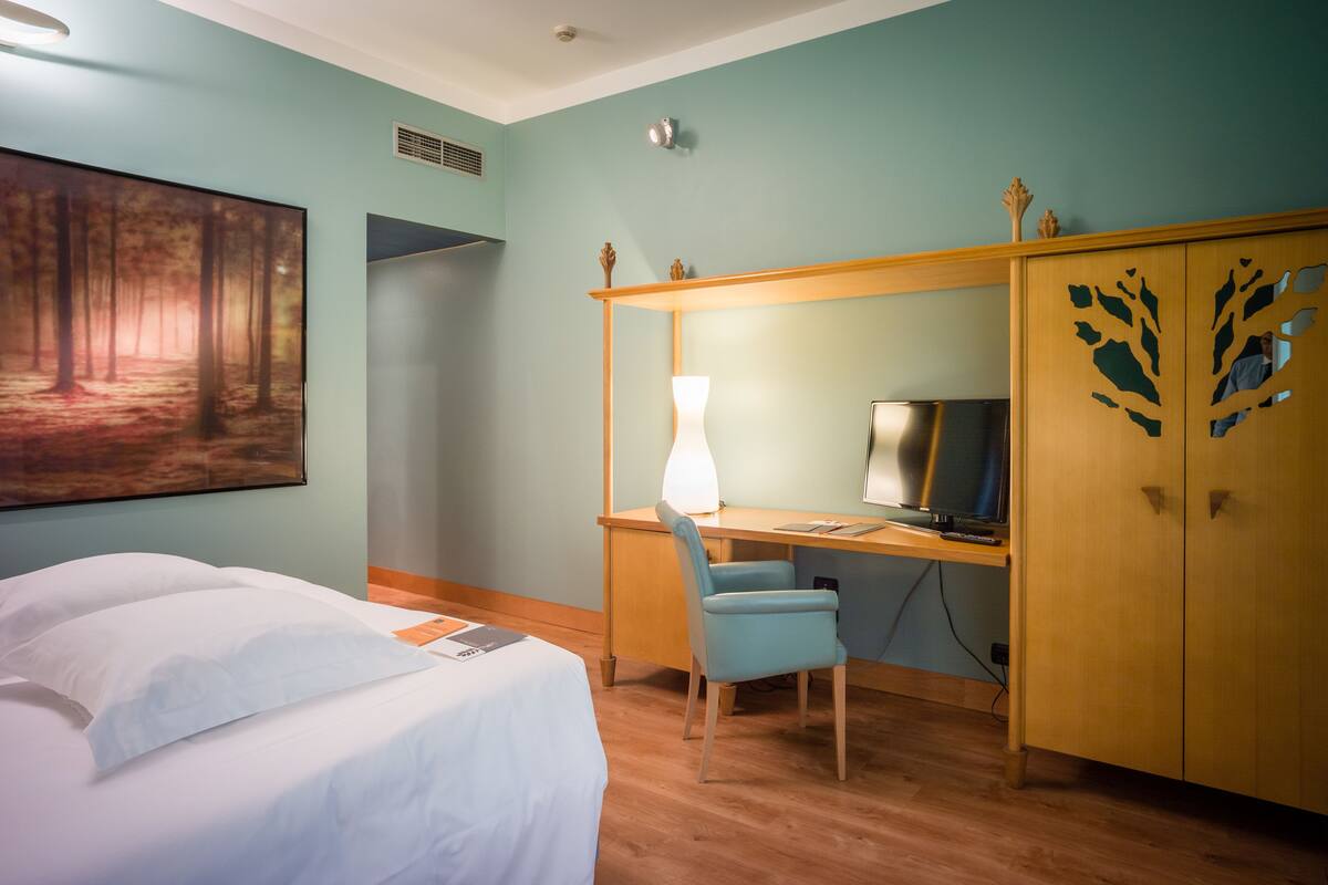A hotel room with a bed, a desk with a chair, a TV, and a wardrobe.
