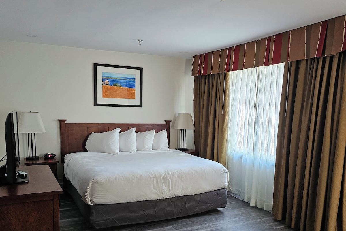 A hotel room with a large bed, two bedside tables, a desk, a lamp, a ceiling light, a framed picture on the wall, and a window with curtains.