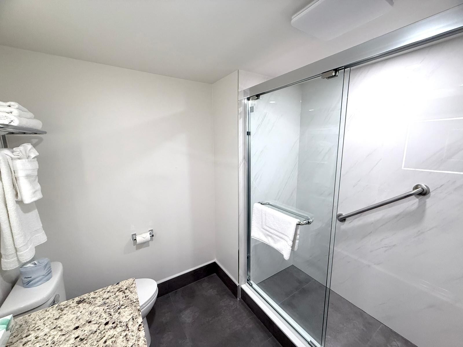 A modern bathroom with a glass shower enclosure, a granite countertop, and a toilet with a paper towel dispenser.
