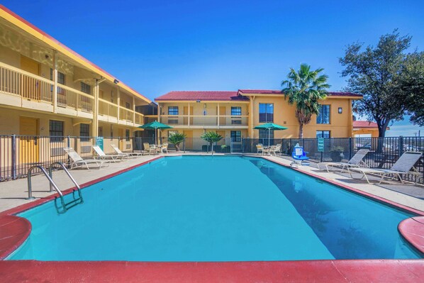 Outdoor pool, pool umbrellas, pool loungers