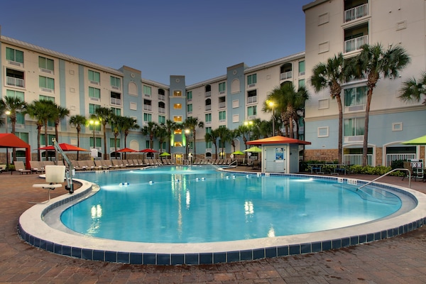 Outdoor pool, a heated pool, pool umbrellas, sun loungers