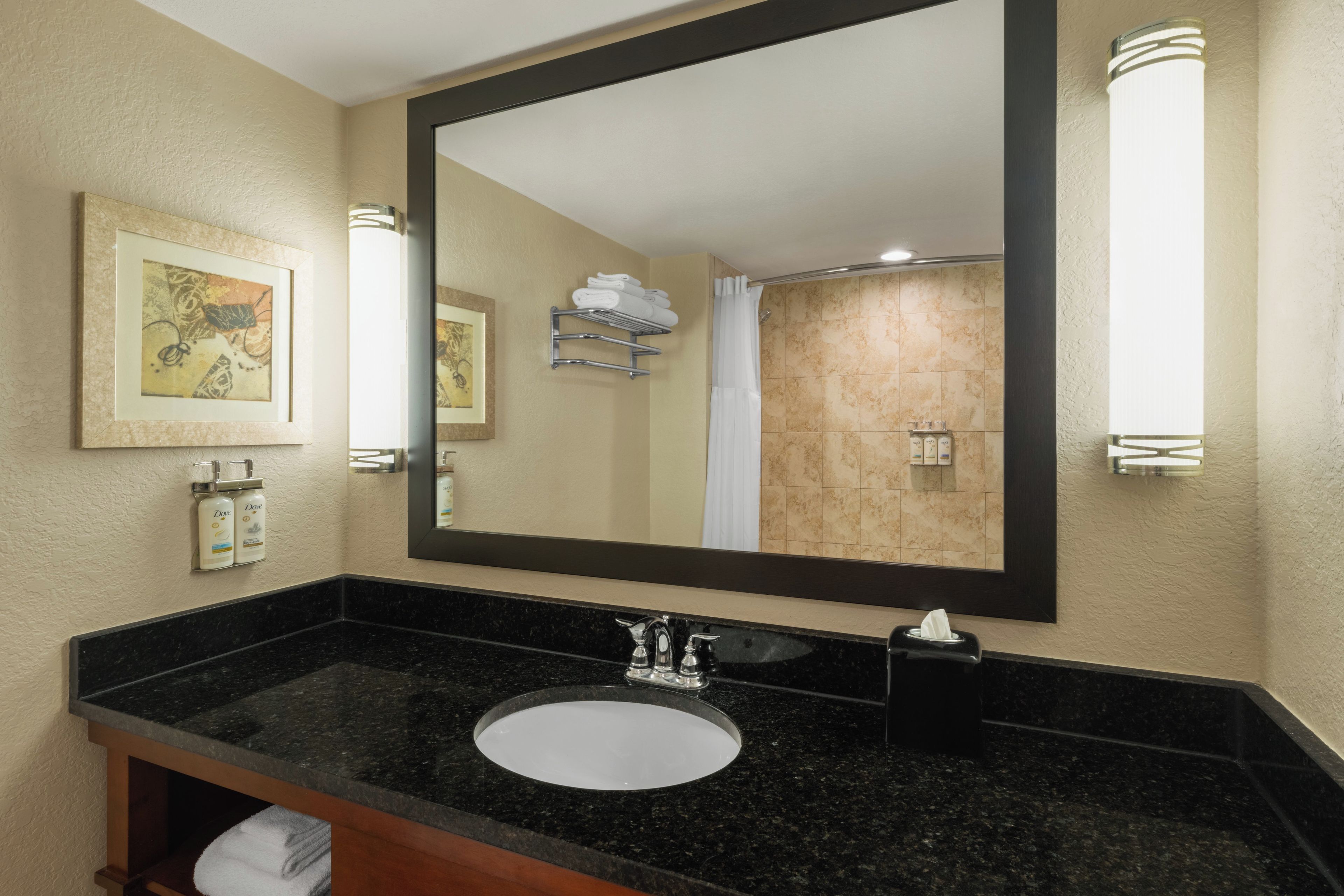 A bathroom with a large mirror, a black granite sink, and a framed artwork on the wall.