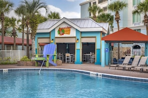 Pool views, serves lunch, dinner, and happy hour