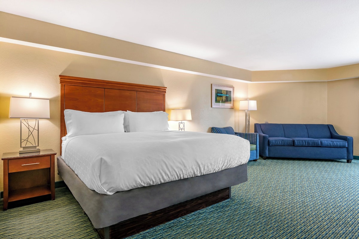 Una habitación de hotel con una cama grande, mesitas de noche con lámparas, un sofá azul y piso alfombrado.