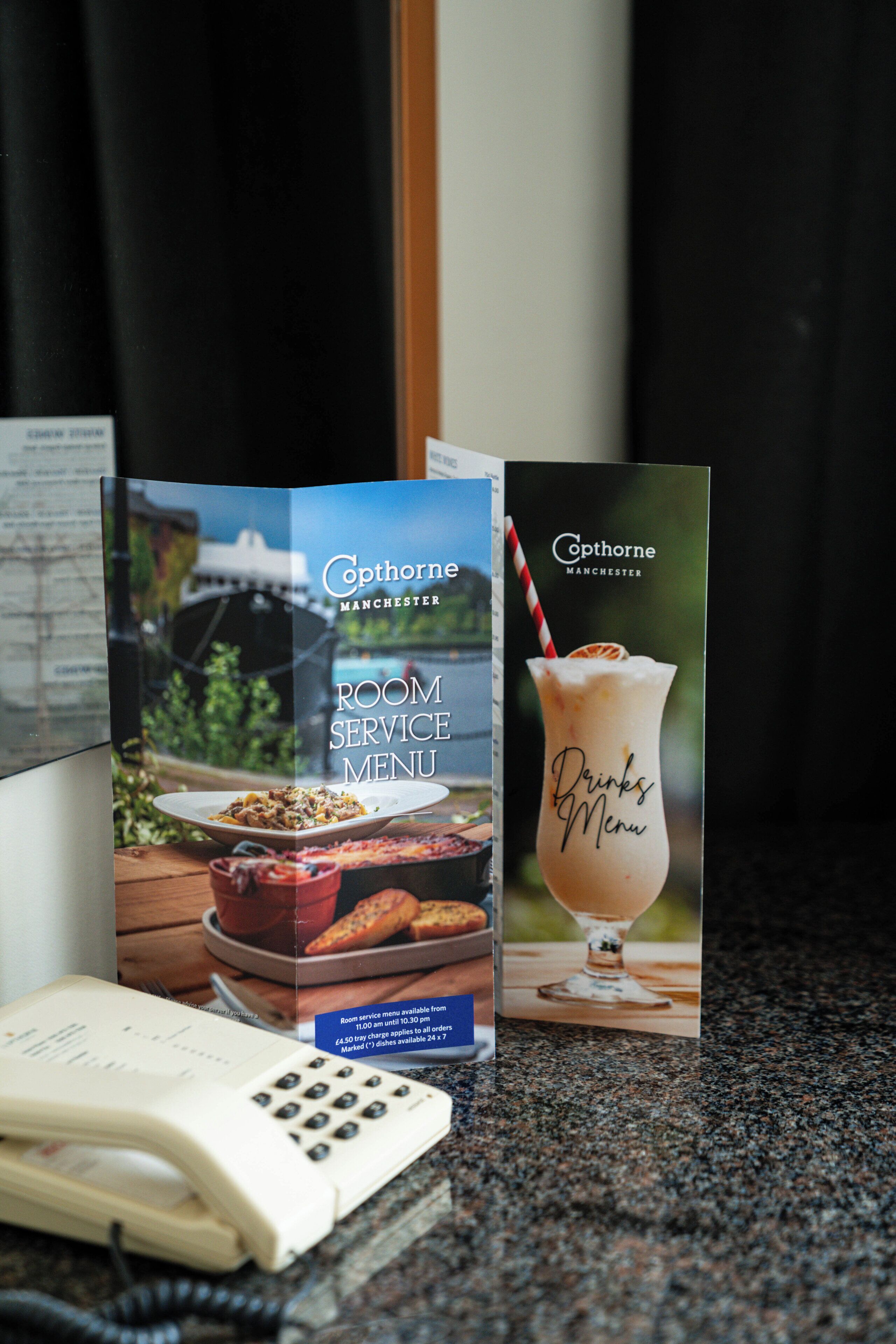 A room service menu and a drinks menu for a hotel.