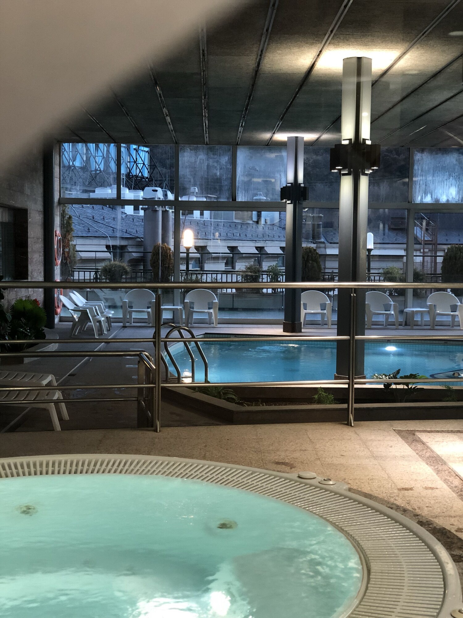 Indoor pool, open 10:00 AM to 1:30 PM, pool loungers