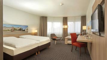 Hypo-allergenic bedding, desk, blackout curtains, soundproofing