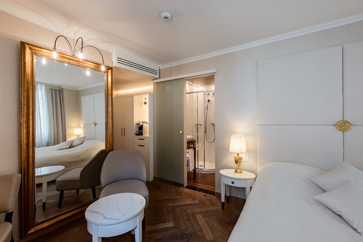 Une chambre d’hôtel comprenant un grand miroir, un lit, une chaise, une petite table, une table de chevet avec une lampe, un espace douche et une salle de bain.
