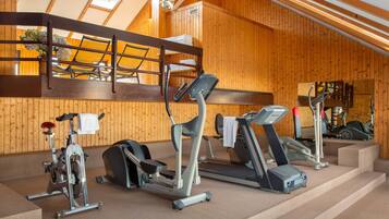 A gym with exercise equipment, wooden walls, and a skylight.
