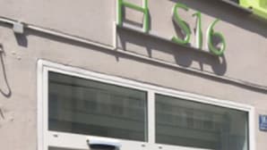 A hotel entrance with the sign "Hotel S16" and two potted evergreen trees in front. - Hotel S16 (Munich)