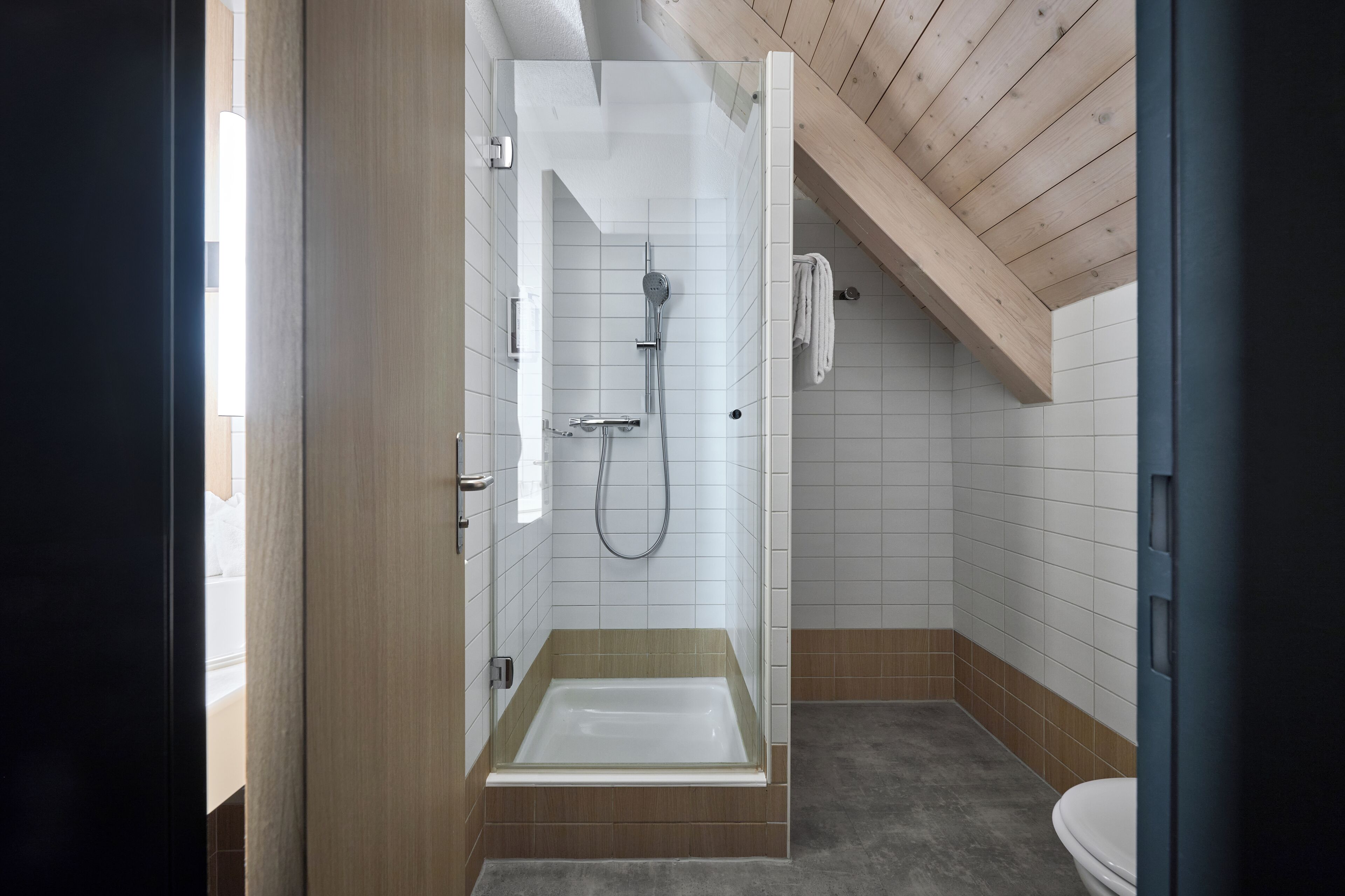 A modern bathroom with a shower, toilet, and a bathtub.