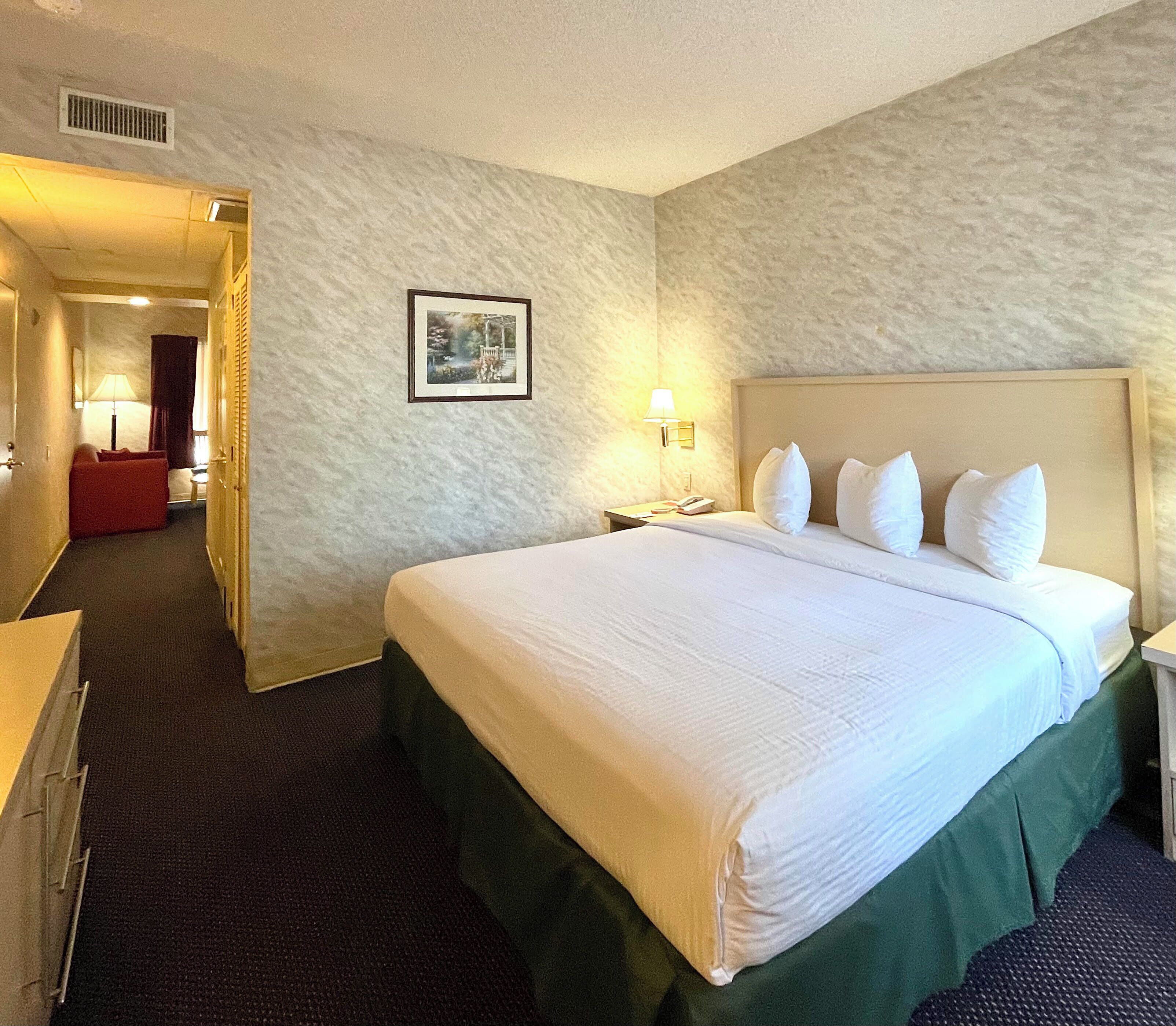 A hotel room with a large bed, a bedside table with a lamp, a framed picture on the wall, and a red chair in the corner.