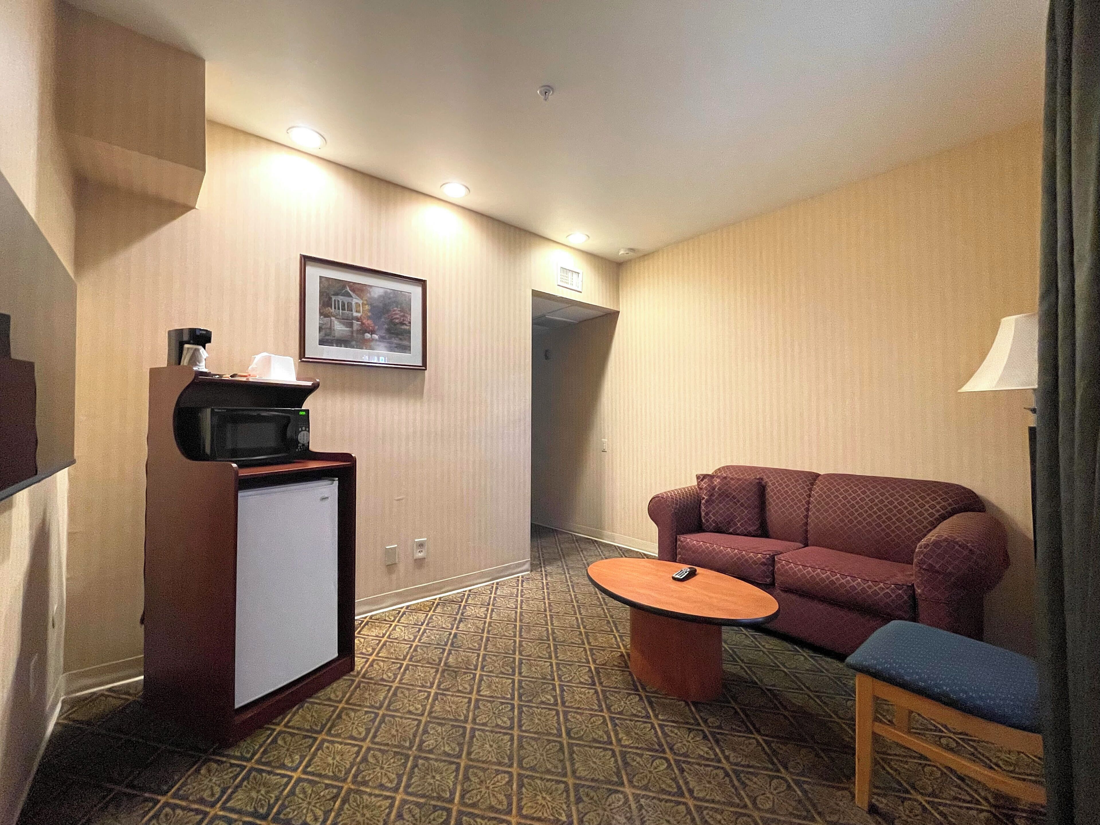 A compact hotel room with a kitchenette, a sofa, a small table, and a framed picture on the wall.