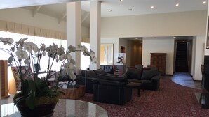 A spacious living area with a red patterned carpet, a round glass coffee table, a black leather sofa, and a large potted orchid plant. - Mikado Hotel - Universal Studios/Burbank (Valley Village)