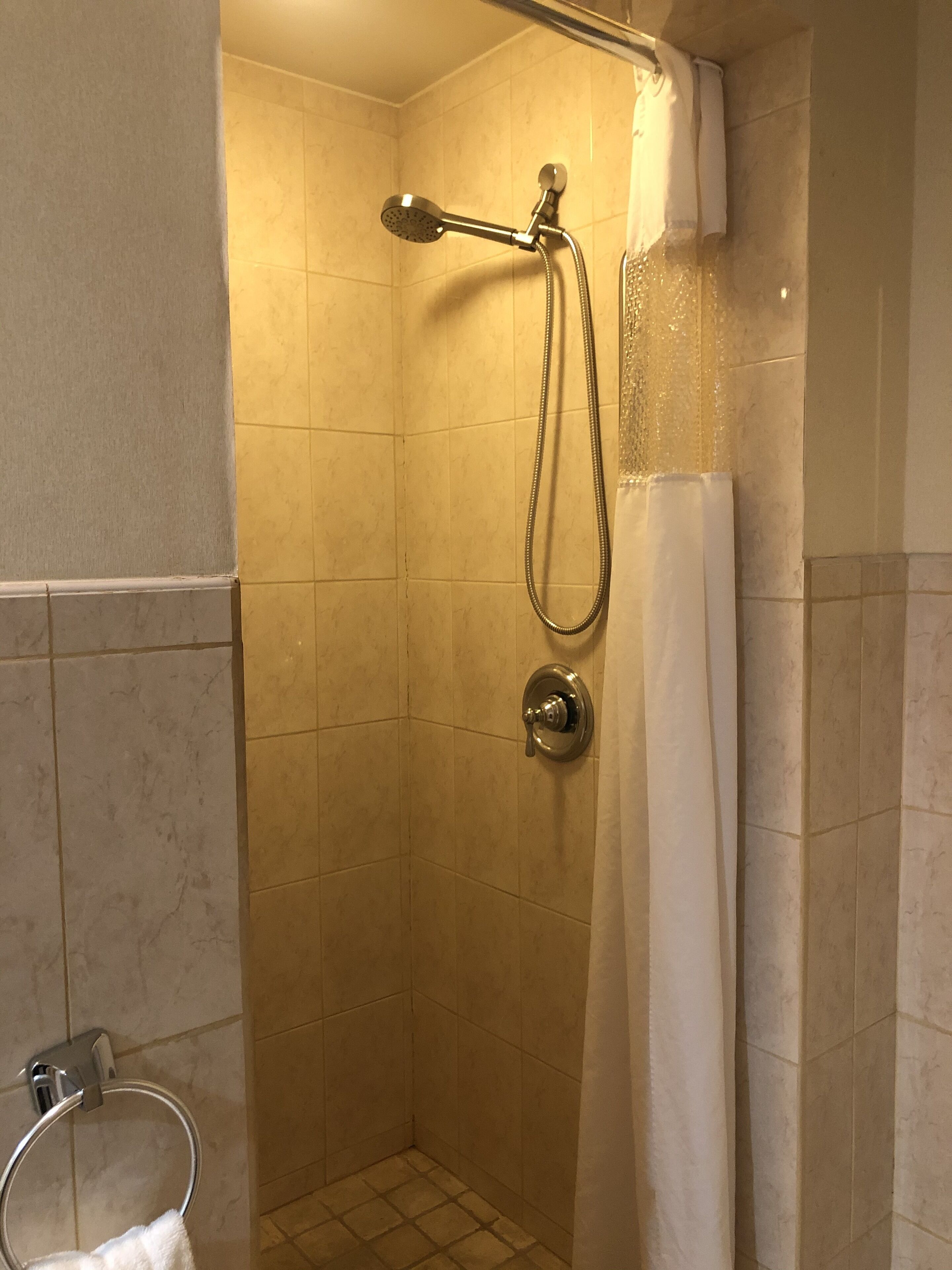 A shower with a handheld showerhead and a wall-mounted faucet, a towel rack, and a shower curtain.
