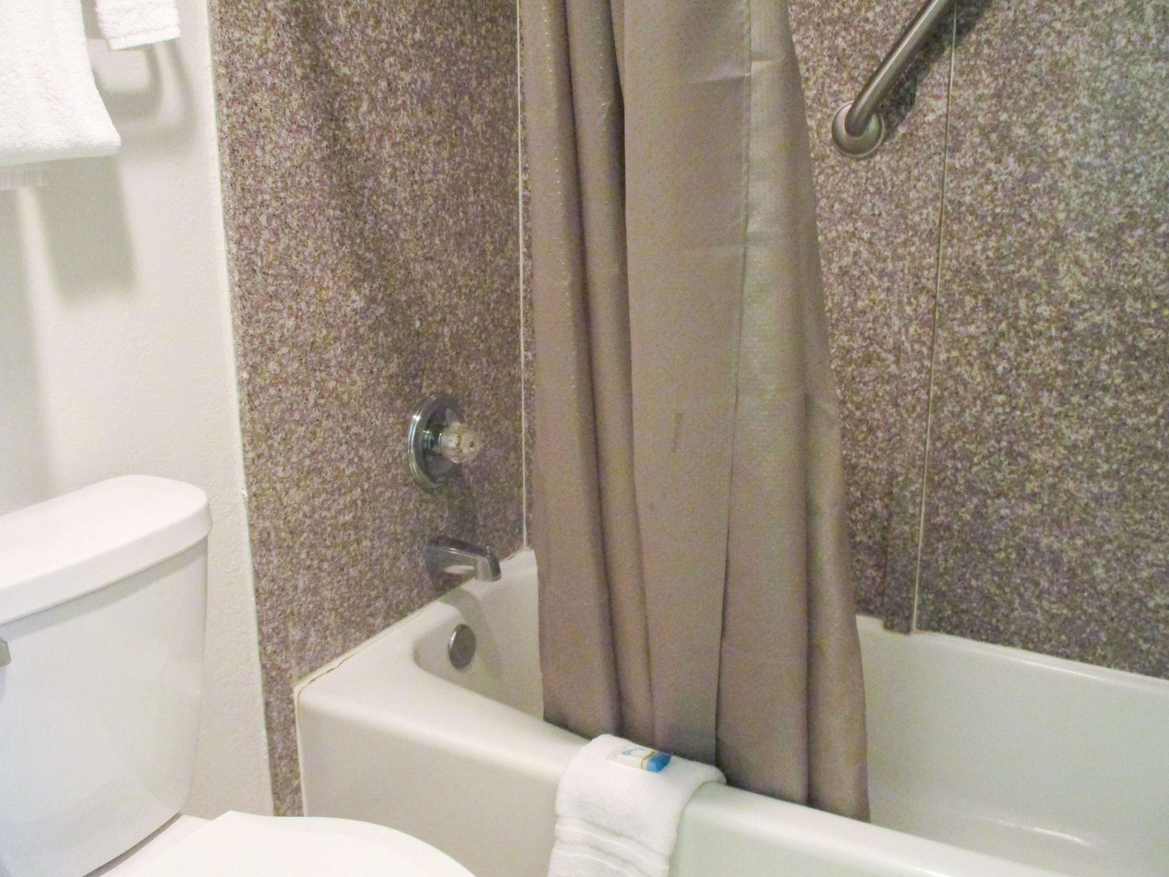 A bathroom with a toilet, bathtub, and shower curtain.