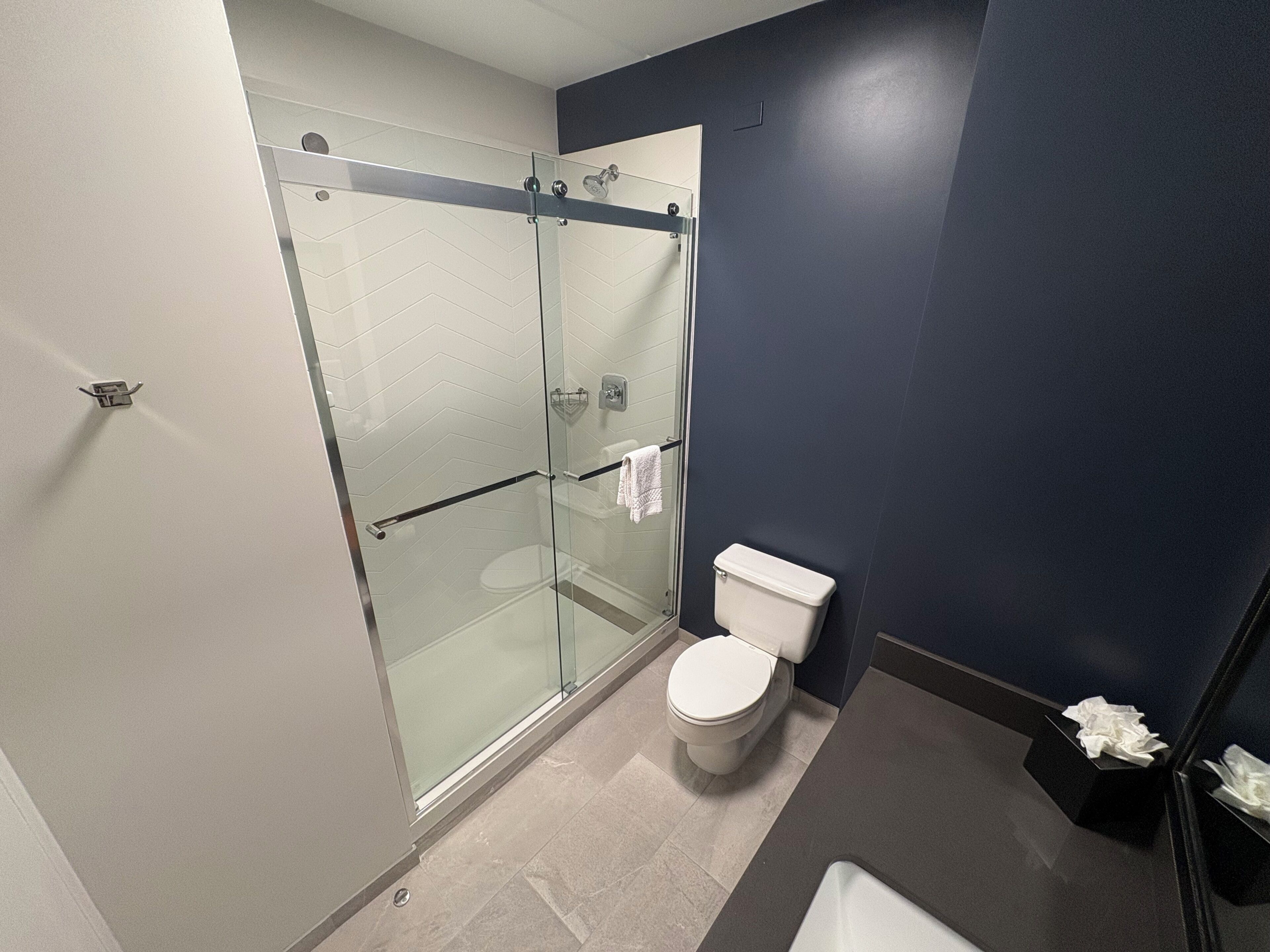 Ein modernes Badezimmer mit einer gläsernen Duschkabine, einer weißen Toilette und einer dunkel gestalteten Wand.
