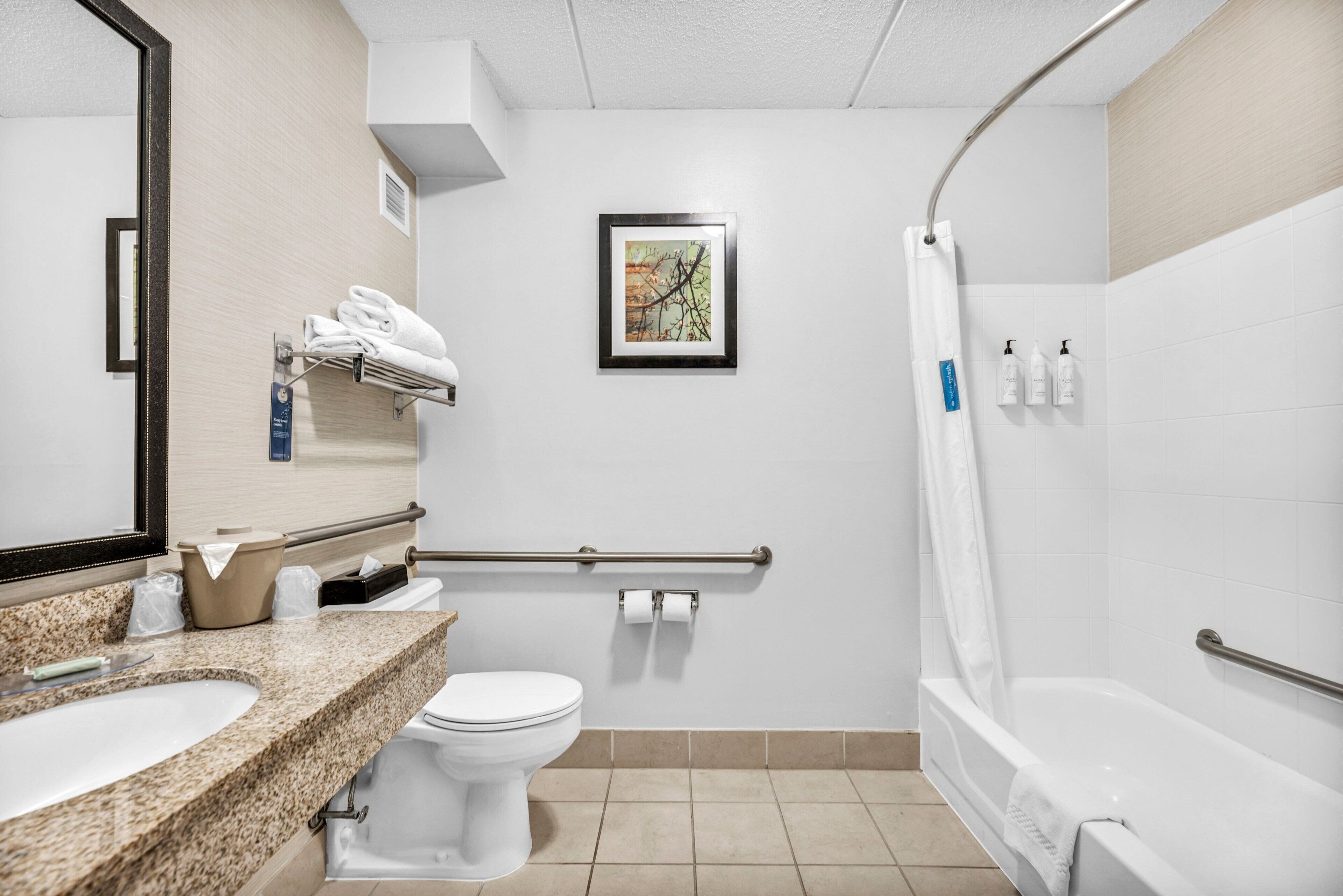 combined shower/bathtub, free toiletries, hair dryer, towels