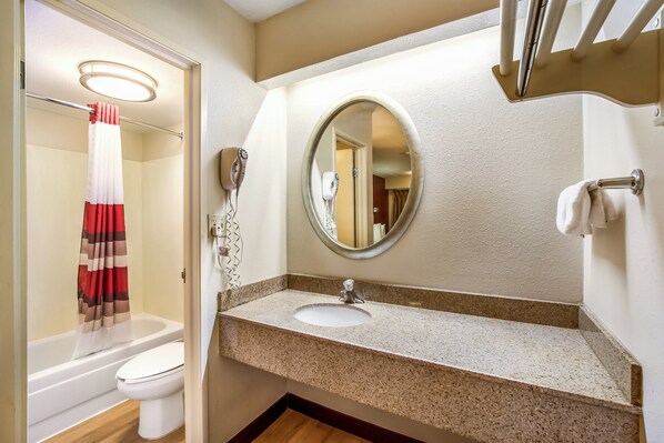 A bathroom with a sink, mirror, and toilet. - Red Roof Inn Detroit - Plymouth/ Canton (Plymouth)