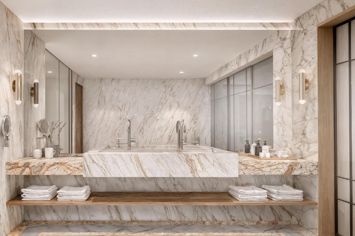 A modern bathroom with a large marble sink, dual faucets, and a mirror.