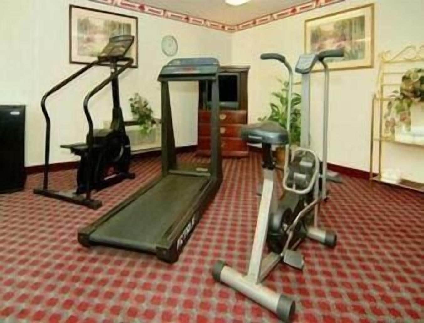 A gym with treadmills, an elliptical, and a stationary bike.