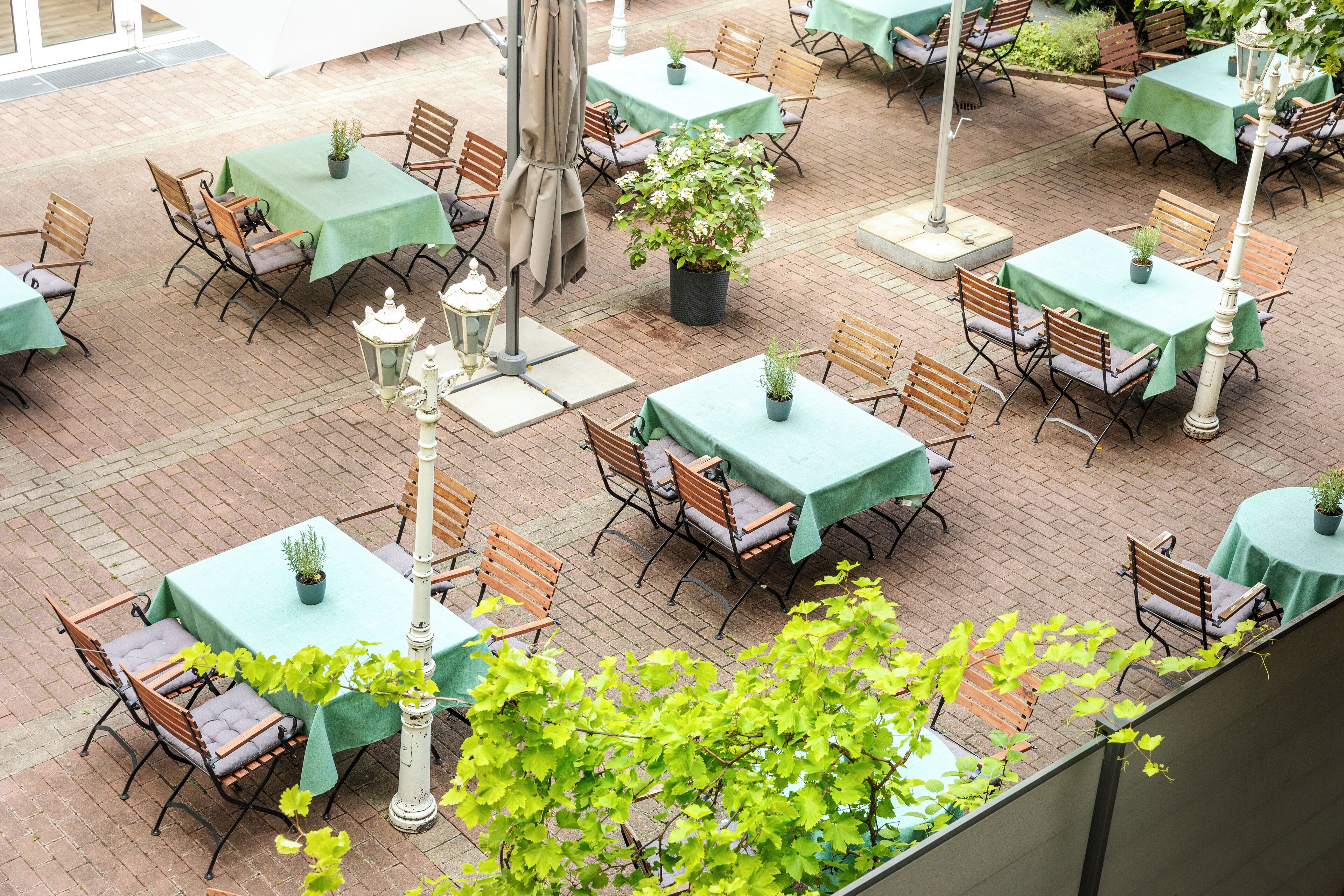 An outdoor patio with tables and chairs, some with plants.