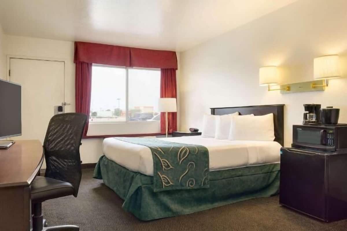 Une chambre d’hôtel comprenant un lit, un bureau avec une télévision, une chaise, une fenêtre avec des rideaux et une machine à café.