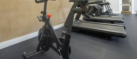 A gym with stationary bikes and treadmills.