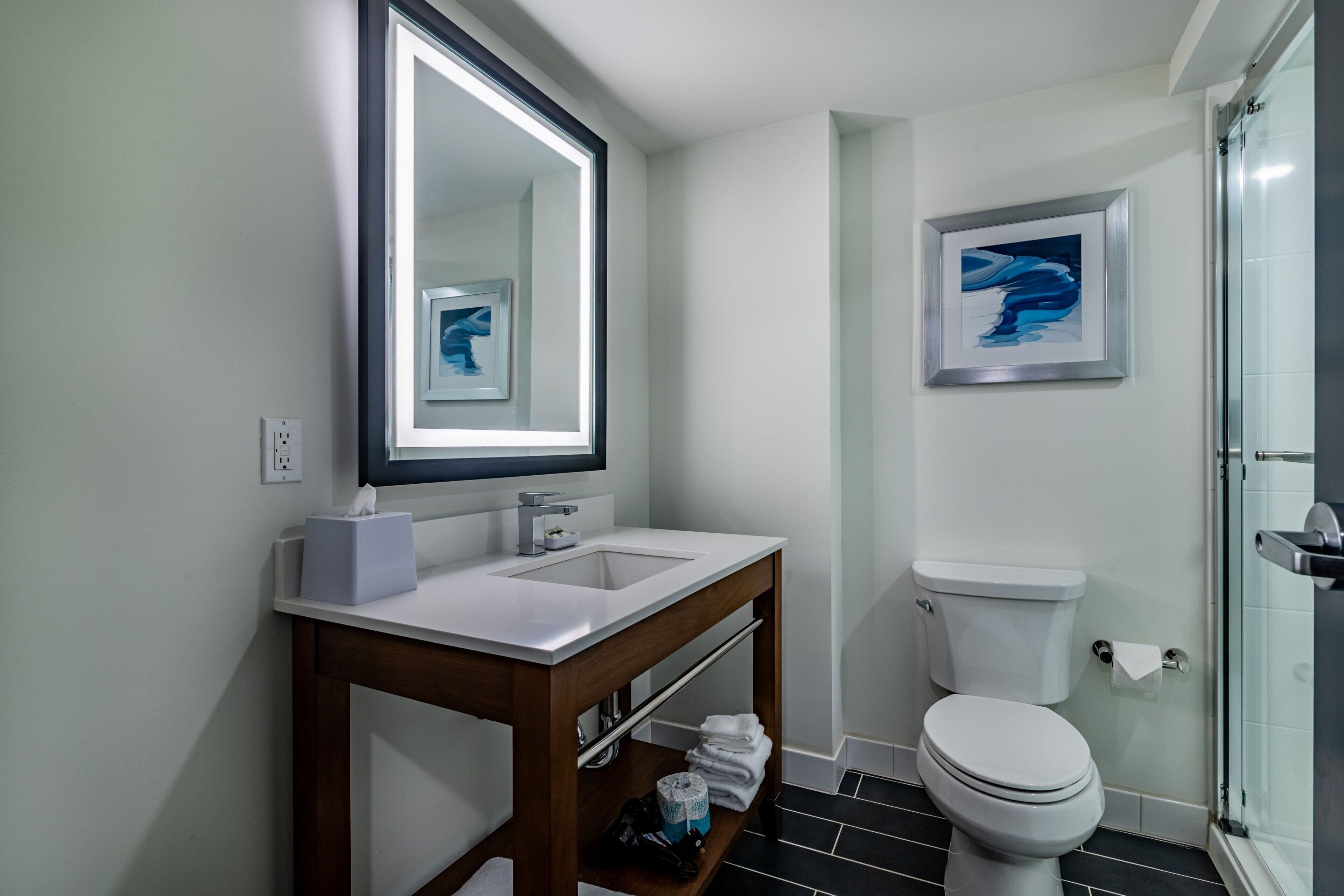 Une salle de bain moderne avec un lavabo blanc, un miroir et des toilettes. Un tableau encadré est accroché au-dessus des toilettes, et la douche est dotée d’une porte en verre.