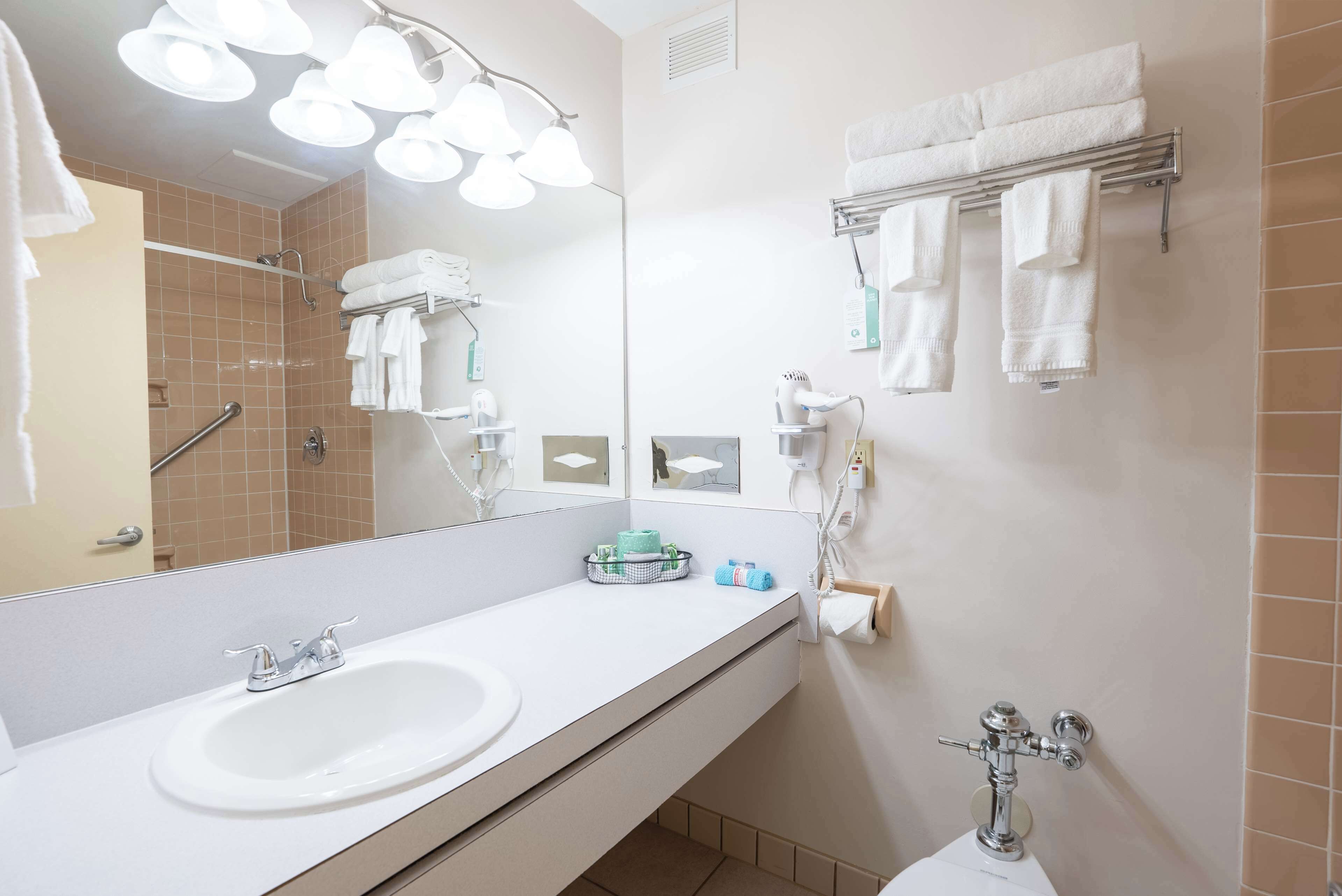 combined shower/bathtub, free toiletries, hair dryer, towels